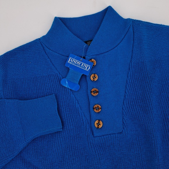 VTG NEW Lands End Mens Large Henley Button Neck Sweater Cotton Blue Commando